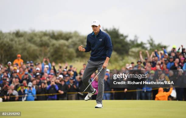 Jordan Spieth of the United States celebrates a birdie putt on the 16th hole during the final round of the 146th Open Championship at Royal Birkdale...