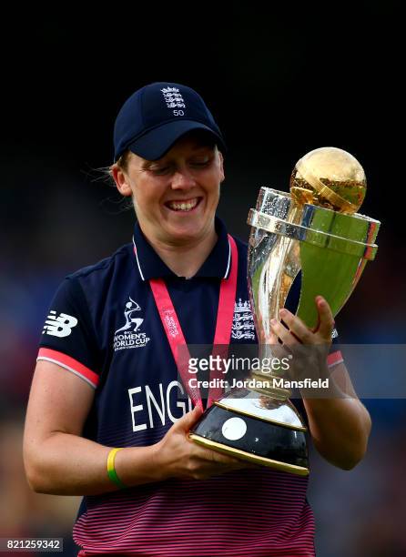 England Captain Heather Knight lifts the trophy after victory in the ICC Women's World Cup 2017 Final between England and India at Lord's Cricket...