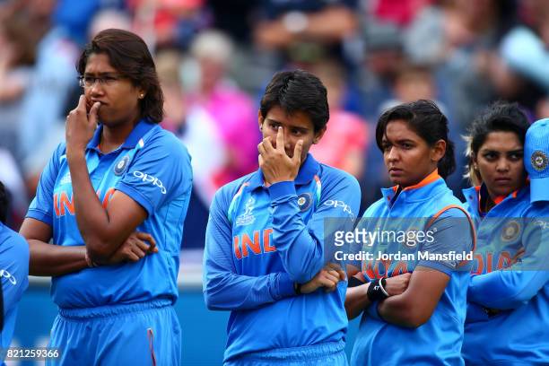 The India team look dejected after defeat in the ICC Women's World Cup 2017 Final between England and India at Lord's Cricket Ground on July 23, 2017...