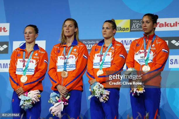 The Netherlands celebratre winning Bronze during the Women's 4x100m Freestyle Final on day ten of the Budapest 2017 FINA World Championships on July...