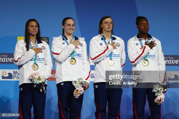 The United States celebrate winning Gold in the Women's 4x100m Freestyle Final on day ten of the Budapest 2017 FINA World Championships on July 23,...