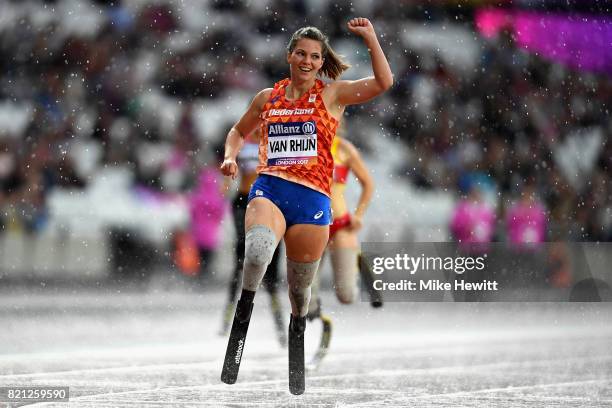 Marlou van Rhijn of Netherlands celebrates after winning gold in the Womens 200m T44 final during day ten of the IPC World ParaAthletics...