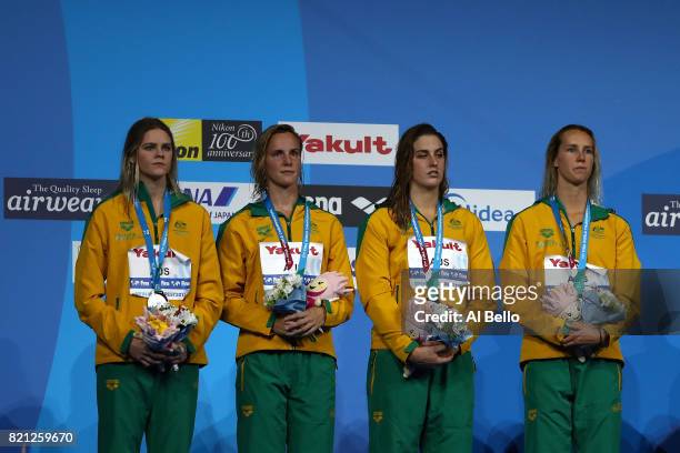 Team Australia celebrate winning Silver in the Women's 4x100m Freestyle Final on day ten of the Budapest 2017 FINA World Championships on July 23,...