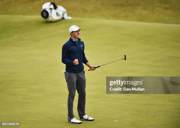 Jordan Spieth of the United States celebrates victory after the winning putt on the 18th green during the final round of the 146th Open Championship...