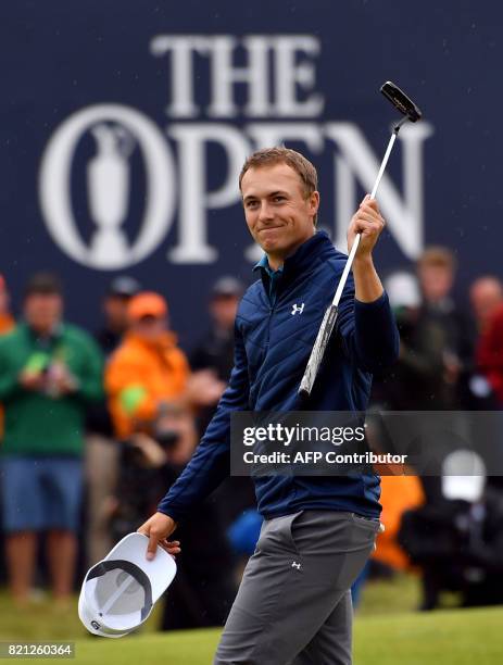 Golfer Jordan Spieth celebrates on the 18th green after his final round 69 to win the Championship on day four of the 2017 Open Golf Championship at...