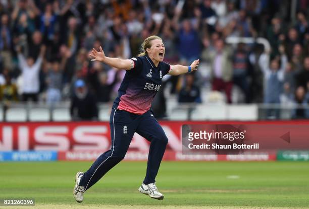 Anya Shrubsole of England celebrates after taking the final India wicket of Rajeshwari Gayakwad to win the ICC Women's World Cup 2017 Final between...