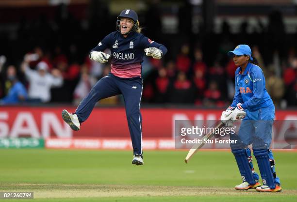 England wicketkeeper Sarah Taylor ceebrates the final India wicket of Shivanand Rajeshwari during the ICC Women's World Cup 2017 Final between...