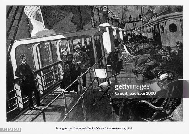 immigrants on promenade deck of ocean liner to america, 1893 - promenade stock illustrations