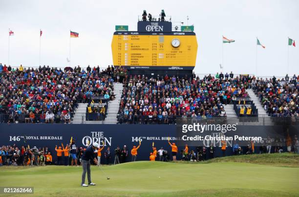 Jordan Spieth of the United States hits his third shot on the 18th green during the final round of the 146th Open Championship at Royal Birkdale on...