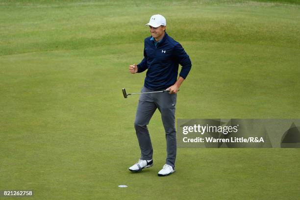 Jordan Spieth of the United States celebrates his victory on the 18th green during the final round of the 146th Open Championship at Royal Birkdale...