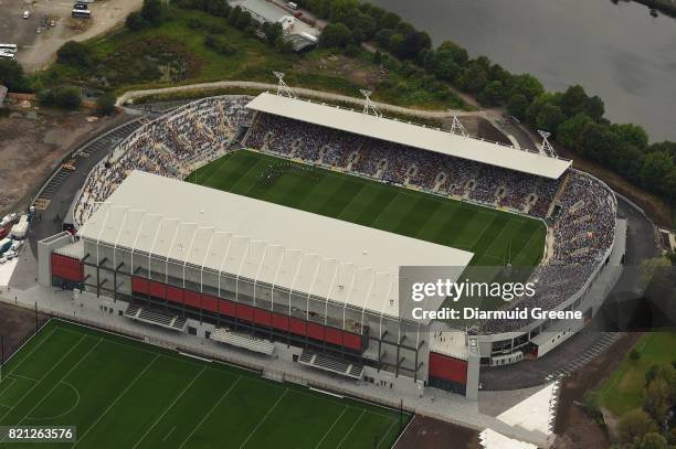 Cork , Ireland - 23 July 2017; An aerial view of Páirc Ui Chaoimh as the Wexford and Waterford teams walk behind the Artane band during the pre-match...