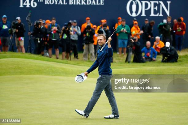 Jordan Spieth of the United States celebrates victory after the winning putt on the 18th green during the final round of the 146th Open Championship...