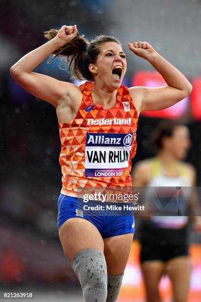 Marlou van Rhijn of Netherlands celebrates after winning gold in the Womens 200m T44 final during day ten of the IPC World ParaAthletics...