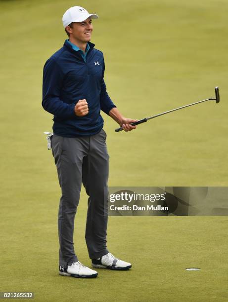 Jordan Spieth of the United States celebrates victory after the winning putt on the 18th green during the final round of the 146th Open Championship...