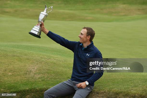 Jordan Spieth of the United States holds the Claret Jug after winning the 146th Open Championship at Royal Birkdale on July 23, 2017 in Southport,...