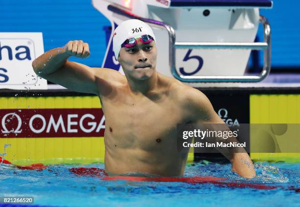 Sun Yang of China celebrates winning the Men's 400m Freestyle during day ten of the FINA World Championships at the Duna Arena on July 23, 2017 in...