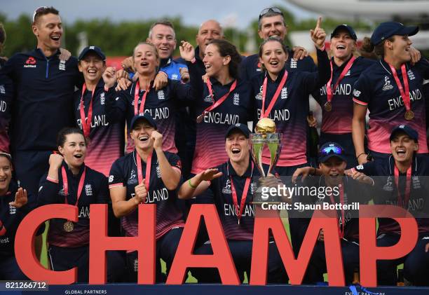 England ccatain Heather Knight and team-mates celebrate after winning the ICC Women's World Cup 2017 Final between England and India at Lord's...