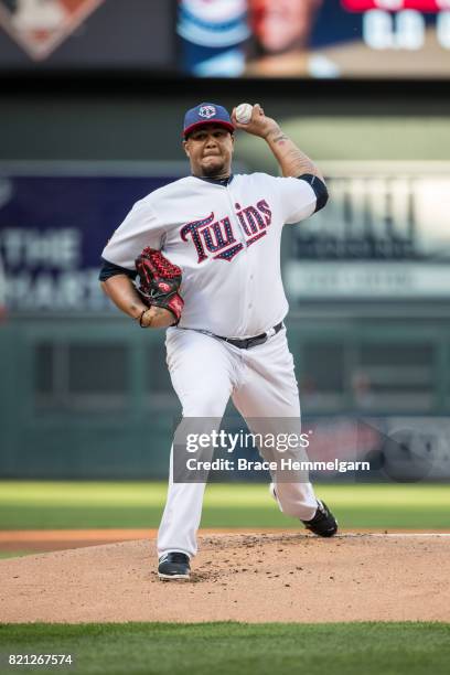 Adalberto Mejia of the Minnesota Twins pitches against the Los Angeles Angels on July 3, 2017 at Target Field in Minneapolis, Minnesota. The Twins...