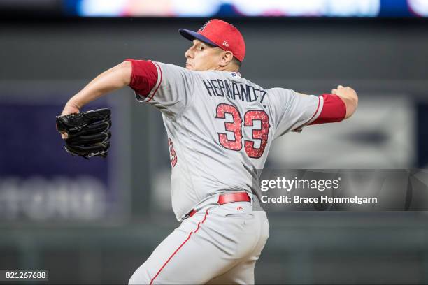 David Hernandez of the Los Angeles Angels pitches against the Minnesota Twins on July 3, 2017 at Target Field in Minneapolis, Minnesota. The Twins...