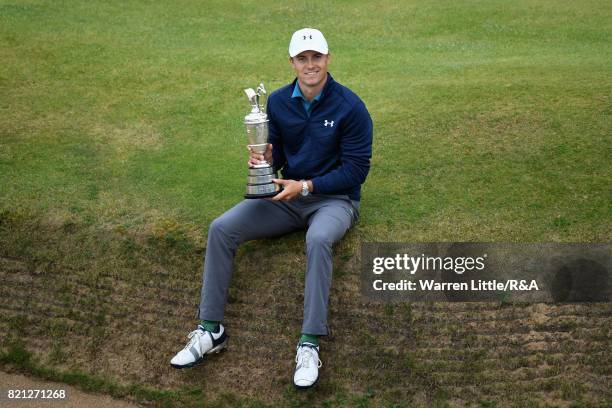 Jordan Spieth of the United States holds the Claret Jug after winning the 146th Open Championship at Royal Birkdale on July 23, 2017 in Southport,...