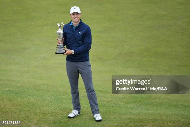 Jordan Spieth of the United States holds the Claret Jug after winning the 146th Open Championship at Royal Birkdale on July 23, 2017 in Southport,...