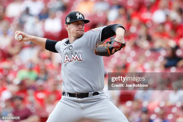 Tom Koehler of the Miami Marlins pitches in the second inning of a game against the Cincinnati Reds at Great American Ball Park on July 23, 2017 in...