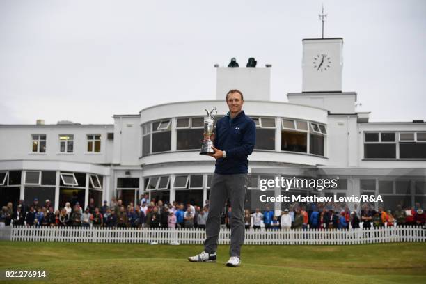 Jordan Spieth of the United States holds the Claret Jug after winning the 146th Open Championship at Royal Birkdale on July 23, 2017 in Southport,...