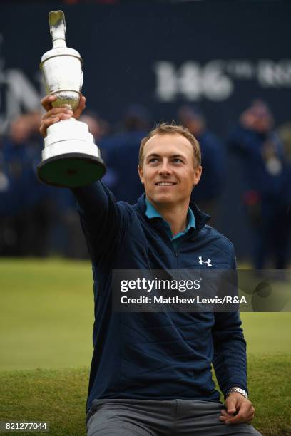 Jordan Spieth of the United States holds the Claret Jug after winning the 146th Open Championship at Royal Birkdale on July 23, 2017 in Southport,...