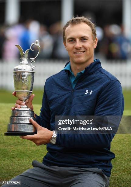 Jordan Spieth of the United States holds the Claret Jug after winning the 146th Open Championship at Royal Birkdale on July 23, 2017 in Southport,...