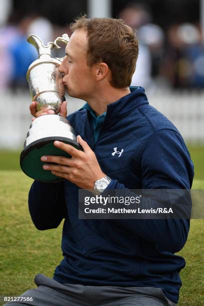 Jordan Spieth of the United States kisses the Claret Jug after winning the 146th Open Championship at Royal Birkdale on July 23, 2017 in Southport,...