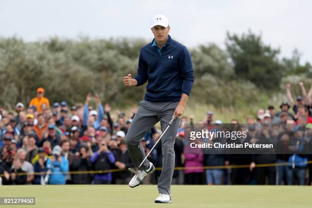 Jordan Spieth of the United States celebrates his birdie putt on the 16th hole during the final round of the 146th Open Championship at Royal...
