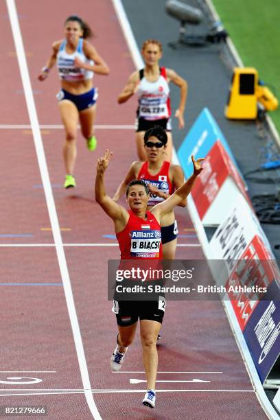 Bernadett Biacsi of Hungary celebrates winning gold in the Womens 800m T20 final during day ten of the IPC World ParaAthletics Championships 2017 at...