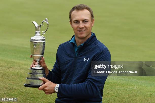 Jordan Spieth of the United States holds the Claret Jug after winning the 146th Open Championship at Royal Birkdale on July 23, 2017 in Southport,...