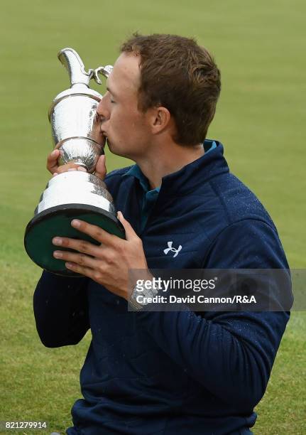Jordan Spieth of the United States kisses the Claret Jug after winning the 146th Open Championship at Royal Birkdale on July 23, 2017 in Southport,...