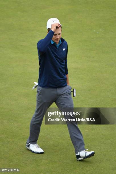 Jordan Spieth of the United States celebrates his victory on the 18th green during the final round of the 146th Open Championship at Royal Birkdale...