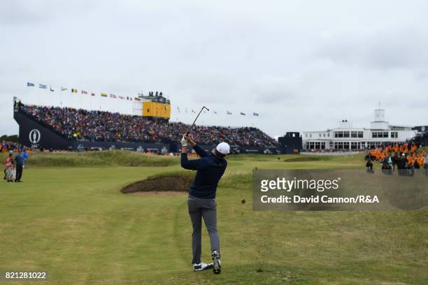 Jordan Spieth of the United States plays his second shot to the 18th green during the final round of the 146th Open Championship at Royal Birkdale on...