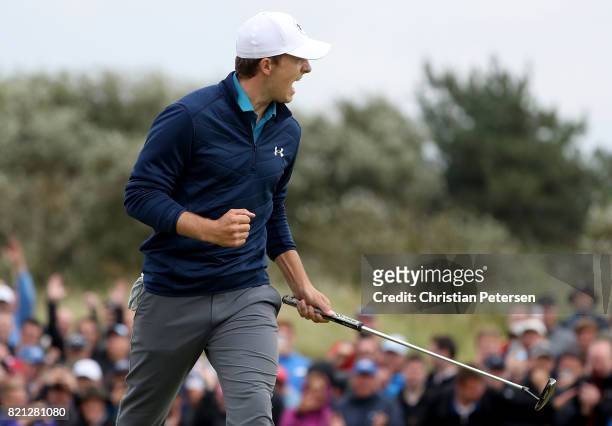 Jordan Spieth of the United States celebrates a birdie on the 16th green during the final round of the 146th Open Championship at Royal Birkdale on...