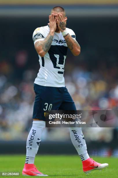 Nicolas Castillo of Pumas gestures during the 1st round match between Pumas UNAM and Pachuca as part of the Torneo Apertura 2017 Liga MX at Olimpico...