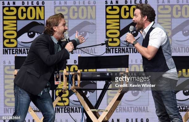 Actors Richard Speight Jr. And Rob Benedict perform onstage at the "Supernatural" panel during Comic-Con International 2017 at San Diego Convention...