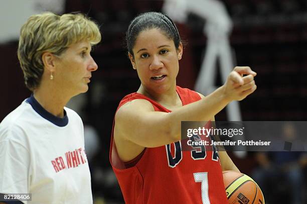 Kara Lawson of the Women's Senior National Team and Assistant Coach Gail Goestenkors at practice on July 30, 2008 at Maples Pavilion at Stanford...