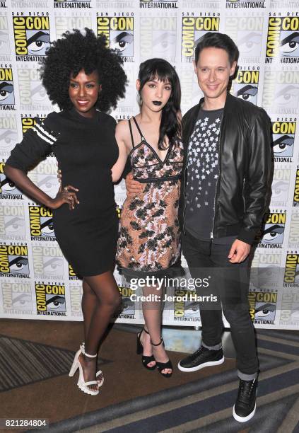 Actors Jade Eshete, Hannah Marks, and Samuel Barnett at BBC AMERICA'S San Diego Comic-Con Press Line with the Stars and Producers of 'Dirk Gently's...