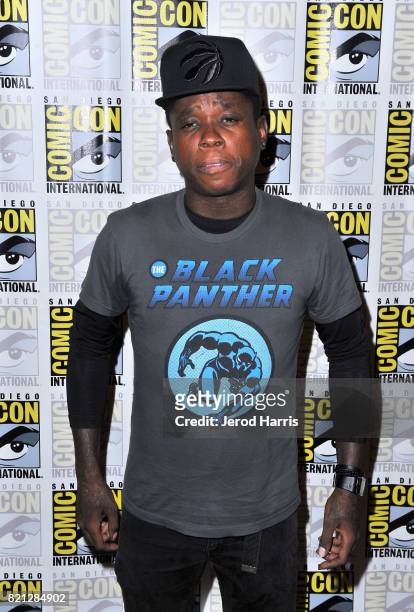 Actor Mpho Koaho at BBC AMERICA'S San Diego Comic-Con Press Line with the Stars and Producers of 'Dirk Gently's Holistic Detective Agency' and...
