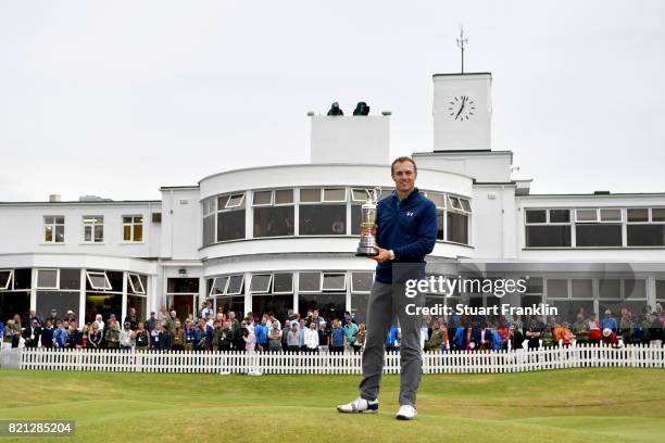 Jordan Spieth of the United States celebrates victory as he poses with the Claret Jug on the 18th green during the final round of the 146th Open...