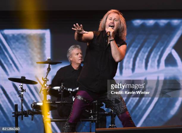 Singer Ronnie Platt and drummer Phil Ehart of Kansas perform onstage at the "Supernatural" panel during Comic-Con International 2017 at San Diego...