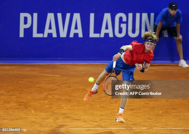 Russia's Andrey Rublev serves the ball during the Umag 2017 ATP 250 tennis final match between Russia's Andrey Rublev and Italia's Paolo Lorenzi in...