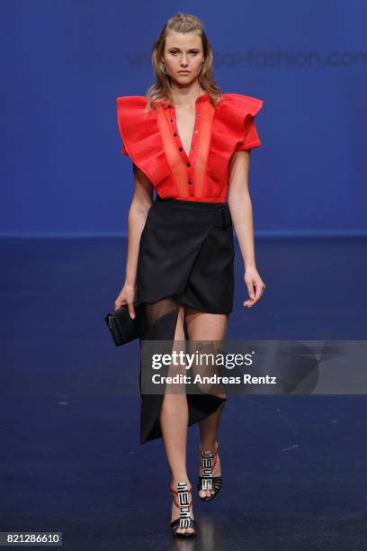 Model walks the runway for 'Lassal' at the Fashionyard show during Platform Fashion July 2017 at Areal Boehler on July 23, 2017 in Duesseldorf,...