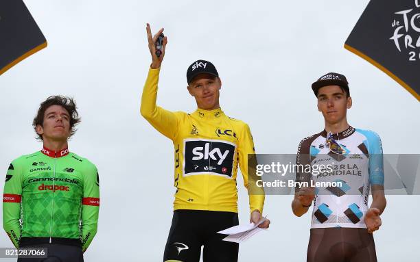 The top three GC riders; Chris Froome of Great Britain and Team Sky, Rigoberto Uran of Columbia and Cannondale Drapac Professional Cycling Team and...