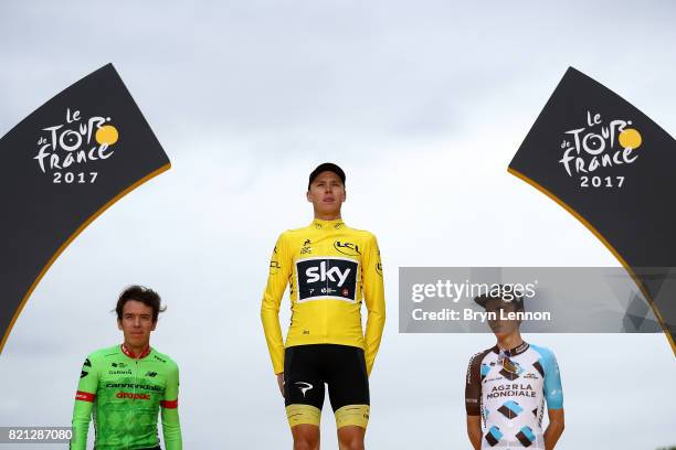 The top three GC riders; Chris Froome of Great Britain and Team Sky, Rigoberto Uran of Columbia and Cannondale Drapac Professional Cycling Team and...