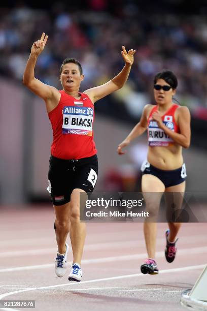 Bernadett Biacsi of Hungary celebrates winning gold in the Womens 800m T20 final during day ten of the IPC World ParaAthletics Championships 2017 at...