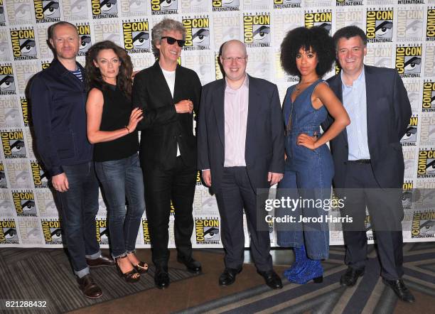 Actors Mark Gatiss, Michelle Gomez, Peter Capaldi, Matt Lucas, and Pearl Mackie, and showrunner Steven Moffat at BBC AMERICA'S San Diego Comic-Con...